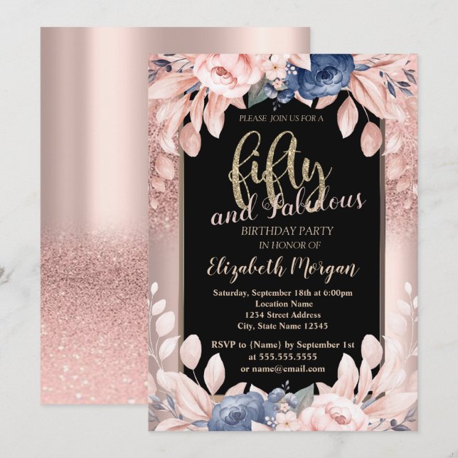 Rose Gold Glitter Blå Blommor 50-års Födelsedagsfe Inbjudningar (Fram/baksida)