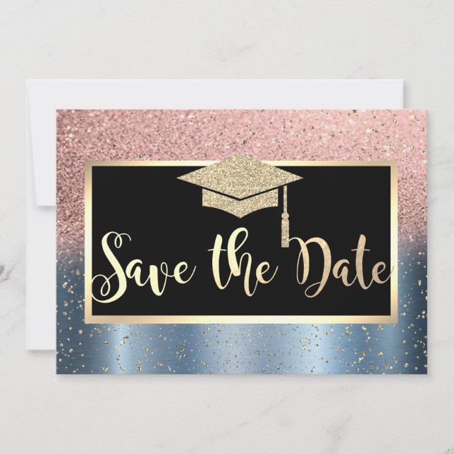 Rose Gold Glitter Blå Examen Save The Date Spara Datumet (Framsida)