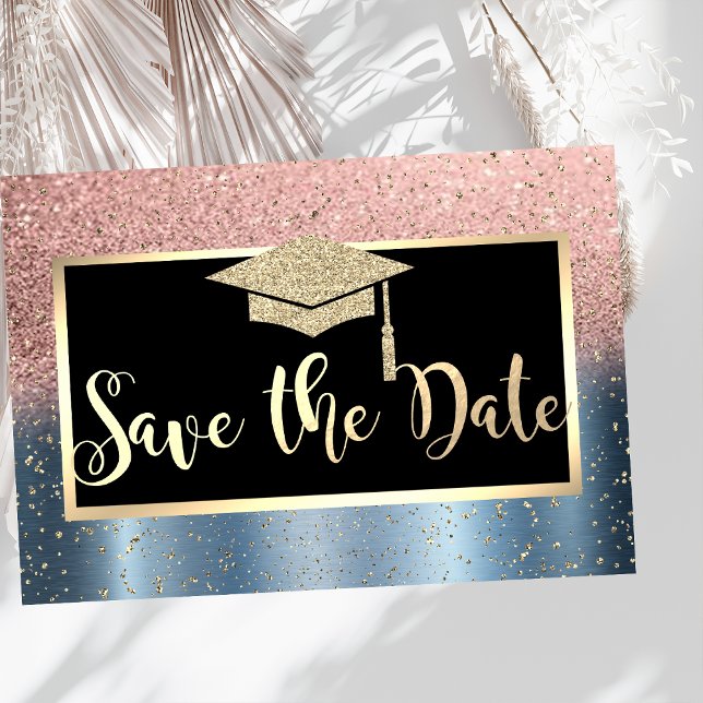 Rose Gold Glitter Blå Examen Save The Date Spara Datumet (Skapare uppladdad)