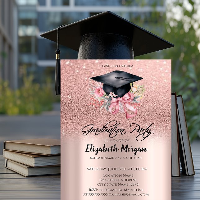 Rose Gold Glitter Blommig Examen Hatt Båge Examen Inbjudningar (Skapare uppladdad)