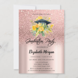 Rose Gold Glitter Blommig Examen Hatt Examen Inbjudningar