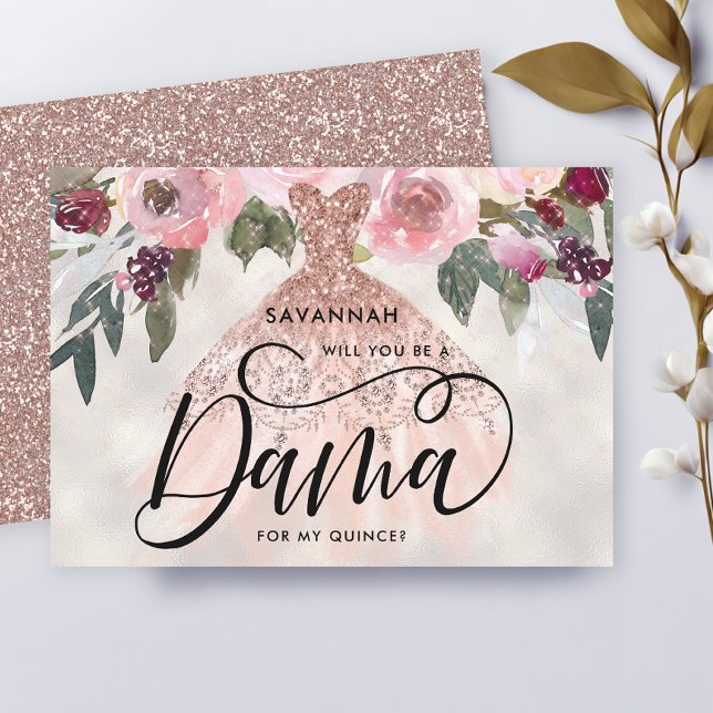 Rose Gold Glitter Blommig Quinceañera Dama Förslag Inbjudningar (Skapare uppladdad)