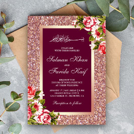 Rose Gold Glitter Blommig Rosa Islamisk Muslimsk Inbjudningar