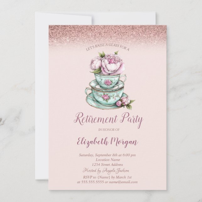 Rose Gold Glitter Blommig Tekopp Pension  Inbjudningar (Framsida)