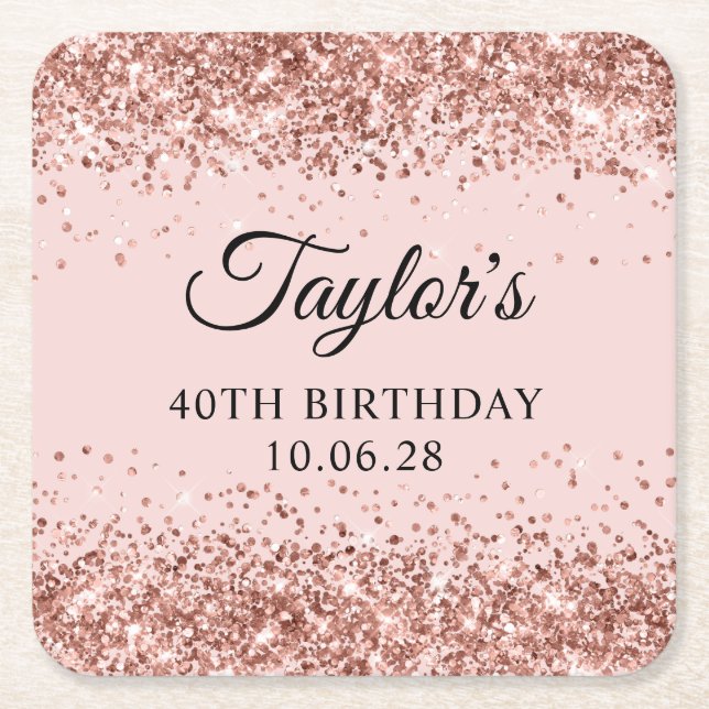 Rose Gold Glitter Blush 40th Birthday Underlägg Papper Kvadrat (Framsidan)