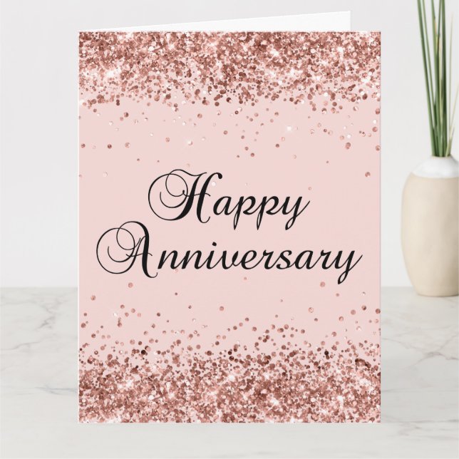 Rose Gold Glitter Blush Happy Anniversary Kort (Framsida)