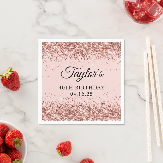 Rose Gold Glitter Blush Pink 40th Birthday Pappersservett (Insitu)