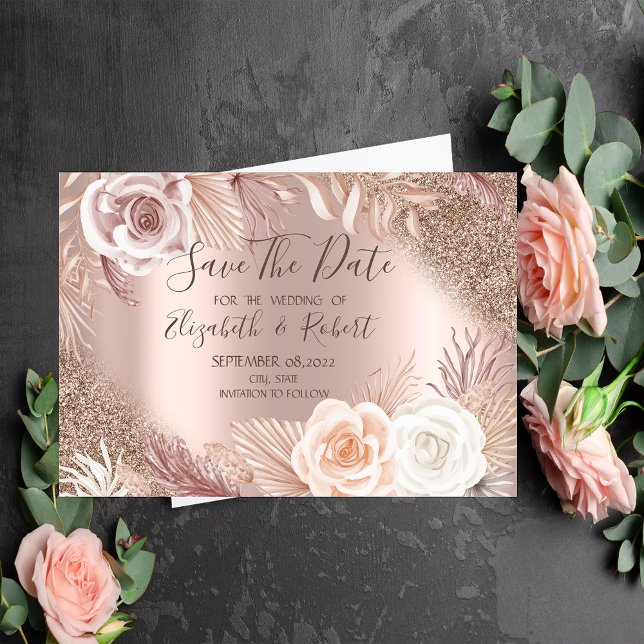 Rose Gold Glitter Boho Blommor Ombre Spara Datum Datumet (Skapare uppladdad)