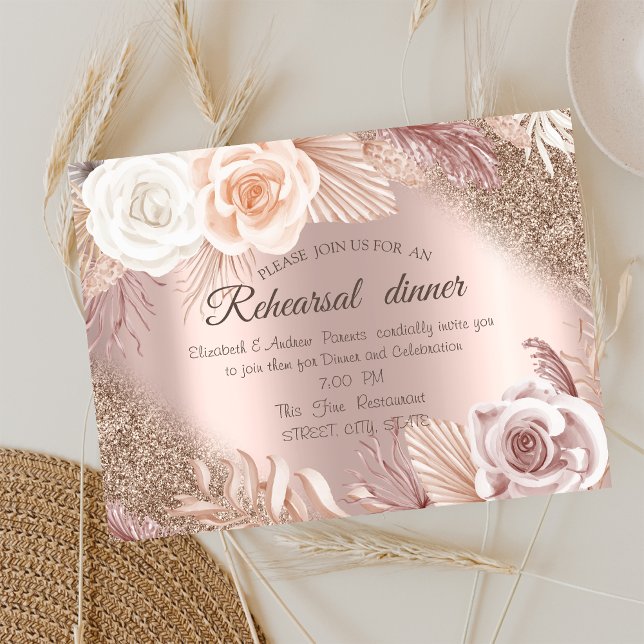 Rose Gold Glitter Boho Blommor Övningsmiddag  Inbjudningar (Skapare uppladdad)