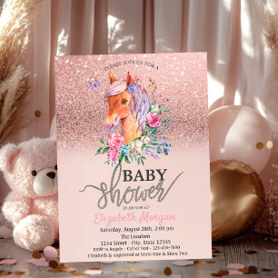Rose Gold Glitter Bokeh Blommig Pony Baby Shower Inbjudningar