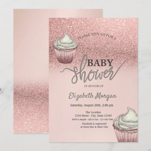Rose Gold Glitter Bokeh Cupcakes Inbjudningar (Fram/baksida)