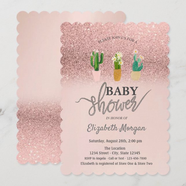 Rose Gold Glitter Bokeh, Kactus Växter Baby Shower Inbjudningar (Fram/baksida)