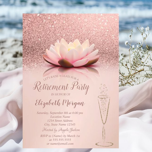 Rose Gold Glitter Bokeh Lotus Glas Pension Inbjudningar (Skapare uppladdad)