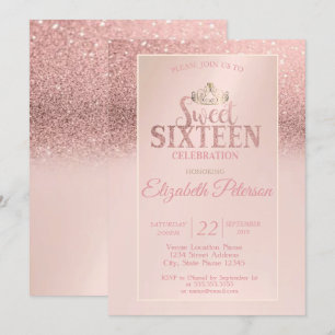 Rose Gold Glitter Bokeh Ombre, Tiara Söt 16 Födels Inbjudningar