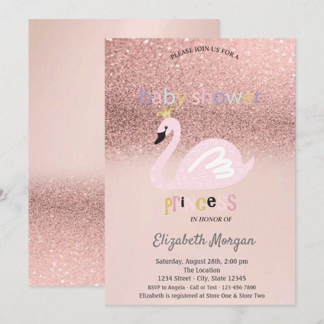 Rose Gold Glitter Bokeh, Svan Bebis Shower Inbjudningar (Fram/baksida)