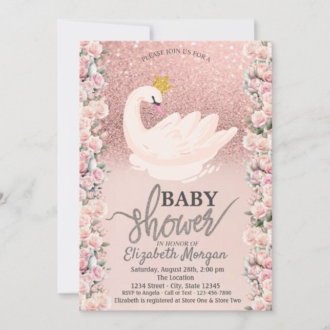 Rose Gold Glitter Bokeh, Svanroser Baby Shower  Inbjudningar (Framsida)