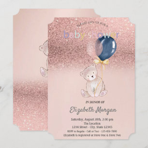 Rose Gold Glitter Bokeh, Teddy Bear Babyfirande Inbjudningar