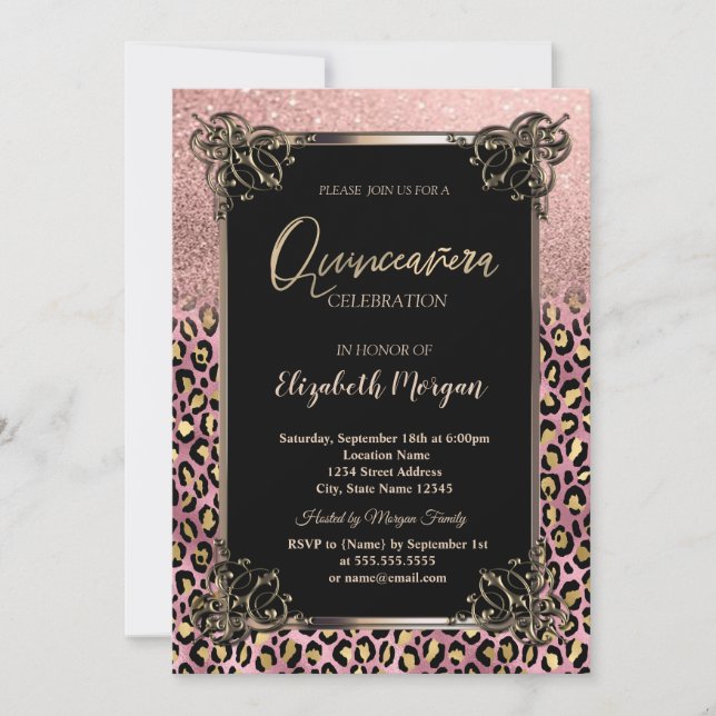 Rose Gold Glitter Border Leopard Quinceañera Inbjudningar (Framsida)