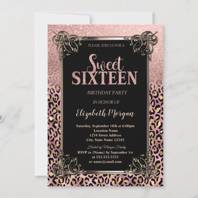 Rose Gold Glitter Border Leopard Sweet 16 Inbjudningar (Framsida)