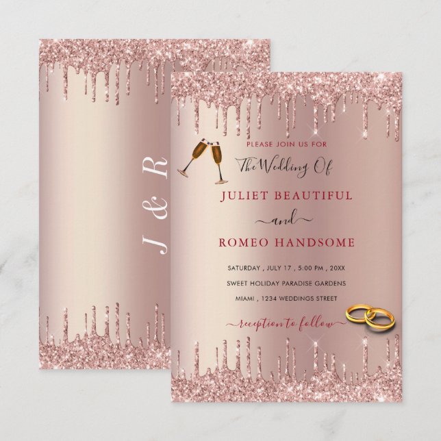Rose Gold Glitter Bröllopsinbjudningar Exempel (Fram/baksida)