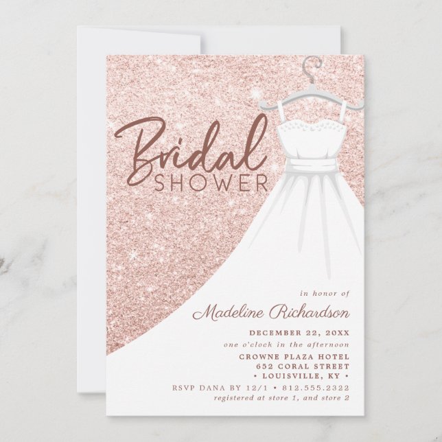 Rose Gold Glitter Bröllopsklänning Chic Bridal Sho Inbjudningar (Framsida)