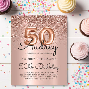 Rose Gold Glitter Budget 50-årsfirande Inbjudan