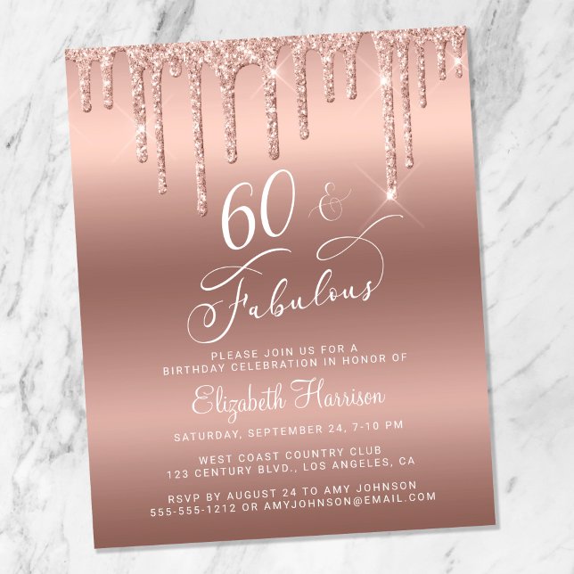 Rose Gold Glitter Budget 60-års födelsedagsinbjuda (Skapare uppladdad)