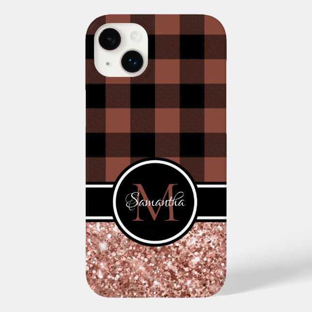 Rose Gold Glitter Buffalo Rutig Monogram (Baksida)