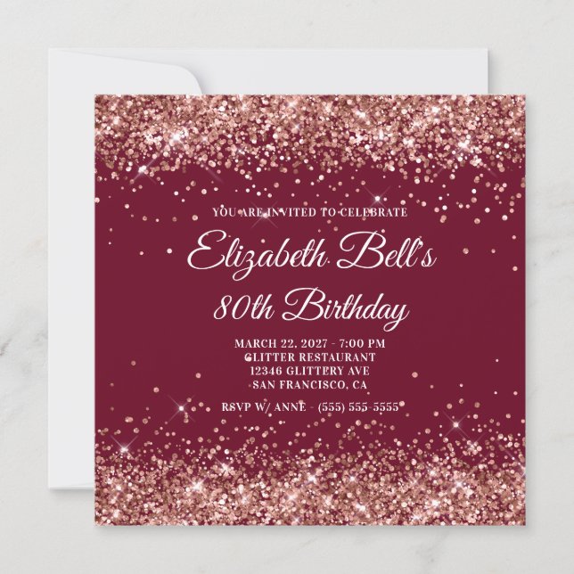 Rose Gold Glitter Burgundy 80-årsfirande Inbjudningar (Framsida)