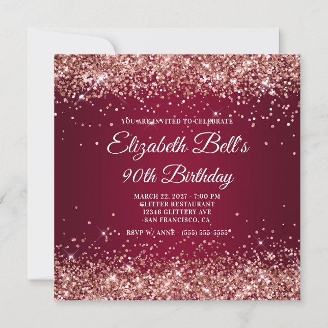 Rose Gold Glitter Burgundy Ombre 90th Birthday Inbjudningar (Framsida)