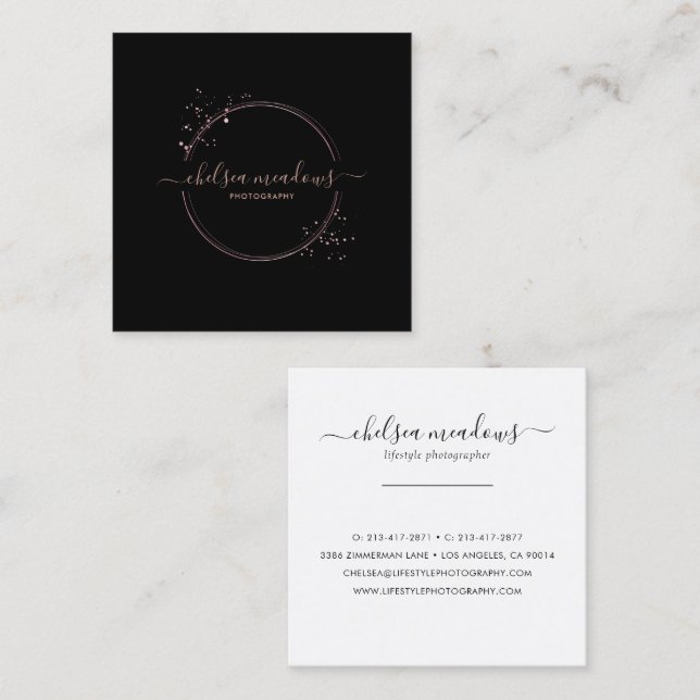 Rose Gold Glitter Cirkel Logotyp Visitenkort Fyrkantigt Visitkort (Fram/baksida)
