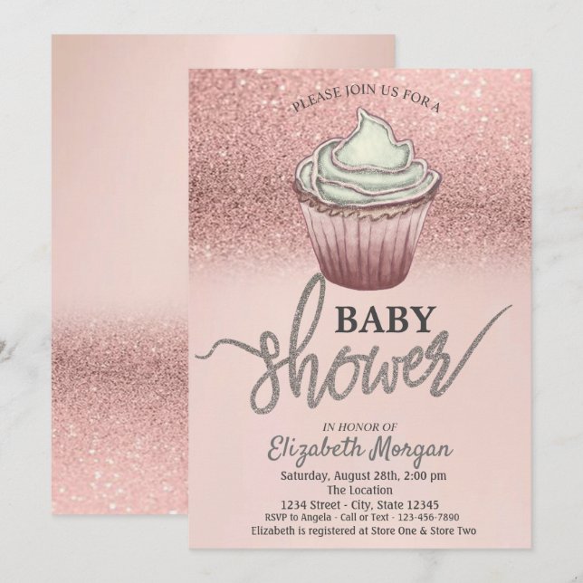 Rose Gold Glitter Cupcake  Inbjudningar (Fram/baksida)