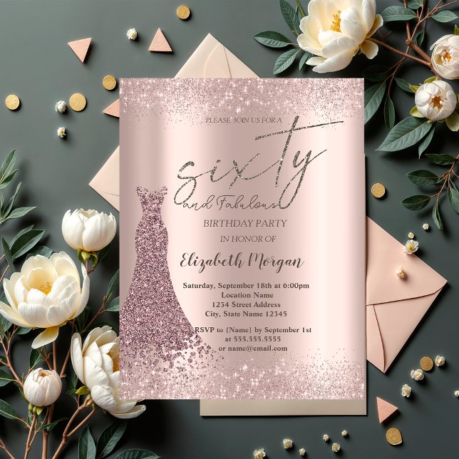 Rose Gold Glitter Damm Gräns Klänning 60-årsdag  Inbjudningar (Skapare uppladdad)