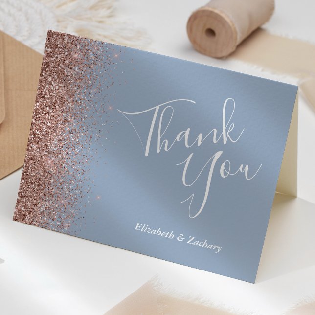 Rose Gold Glitter Dammtor Blue Bröllop Tacksamhet Kort (Skapare uppladdad)