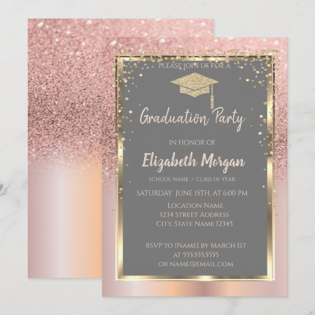 Rose Gold Glitter Diamanter Examen Inbjudningar (Fram/baksida)