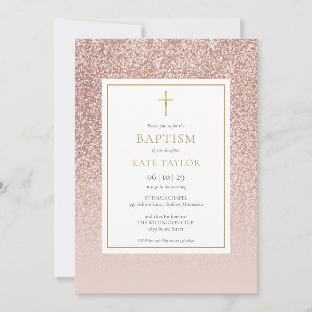 Rose Gold Glitter Dopning Dopceremoni Inbjudningar (Framsida)