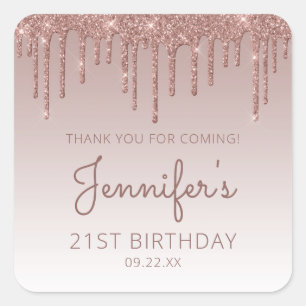 Rose Gold Glitter Drip 21-årsfirande Tack Fyrkantigt Klistermärke