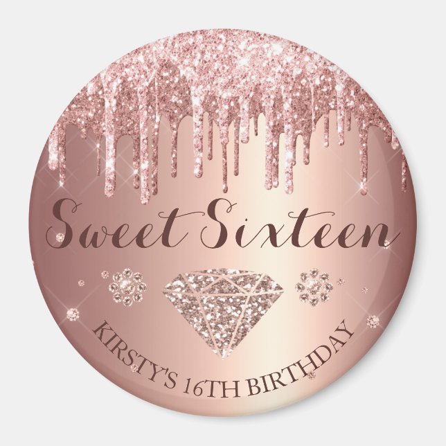 Rose Gold Glitter Drip Diamond Sweet Sixteen Magnet (Framsidan)