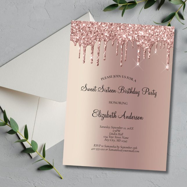 Rose Gold Glitter Drip Glam Sweet 16 Födelsedag  Inbjudningar (Rose Gold Dripping Glitter Glam Bling Sweet 16 Birthday Party Invitation. Printed or Digital)