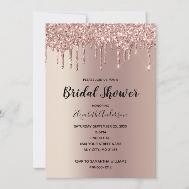 Rose Gold Glitter Drip Glam Trendig Bröllopsdusch Inbjudningar (Framsida)