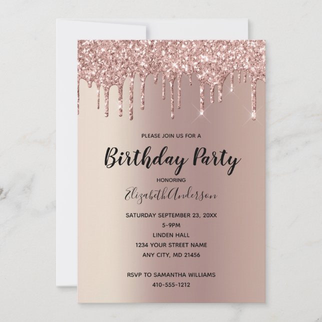 Rose Gold Glitter Drip Glam Trendig Födelsedag Inbjudningar (Framsida)