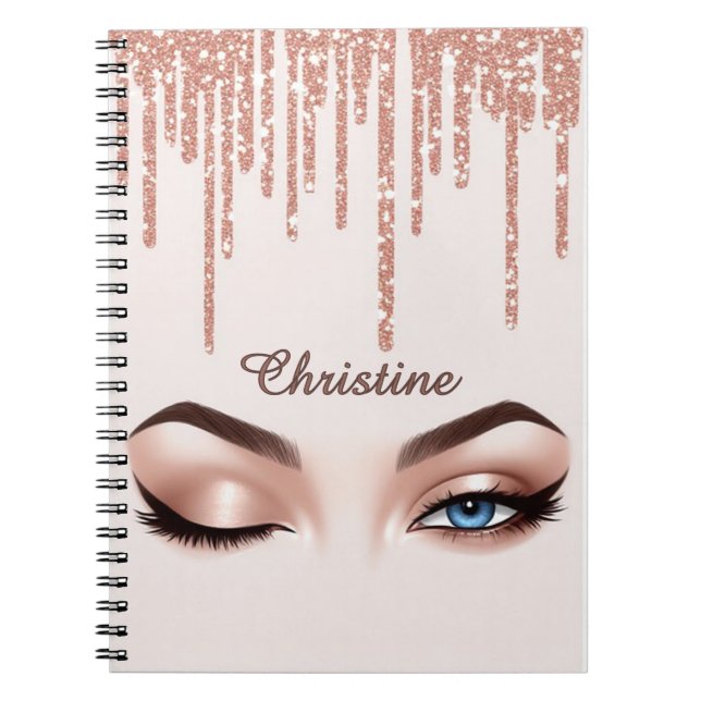 Rose Gold Glitter Drip Med Feminint Ögonmakeup Anteckningsbok (Framsidan)