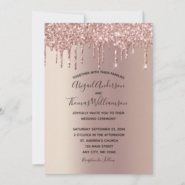 Rose Gold Glitter Drip Trendigt Elegant Bröllop  Inbjudningar (Framsida)