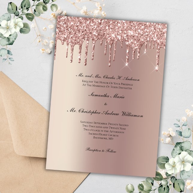 Rose Gold Glitter Drip Trendigt Elegant Bröllop  Inbjudningar (Rose Gold Dripping Glitter Trendy Modern Glam Bling Wedding Invitation)