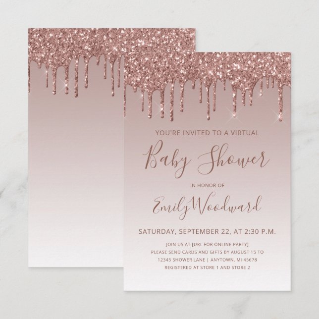 Rose Gold Glitter Drip Virtuell Baby Shower Inbjudningar (Fram/baksida)