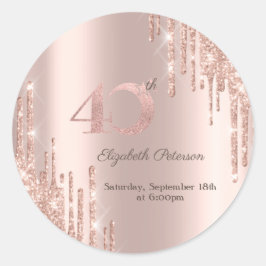 Rose Gold Glitter Drips 40-årsfest Runt Klistermärke