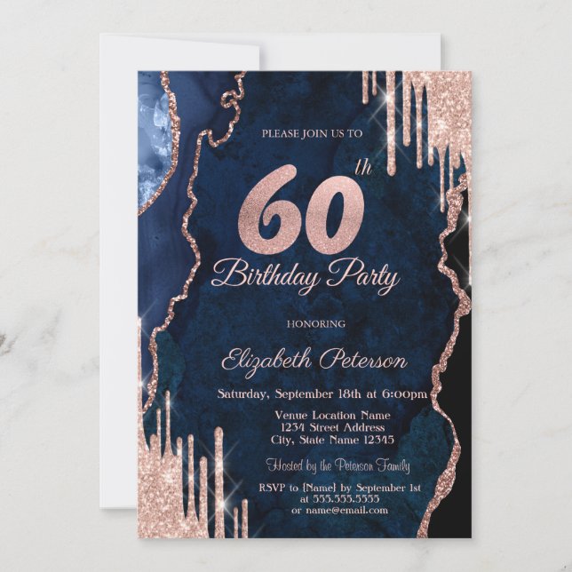 Rose Gold Glitter Drips Blå Agat Marmor 60-årsdag Inbjudningar (Framsida)