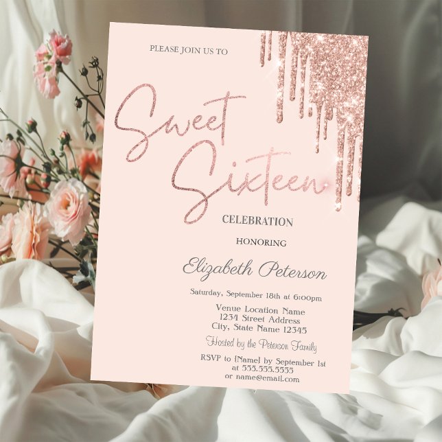Rose Gold Glitter Drips Blush Pink Sweet 16  Inbjudningar (Skapare uppladdad)