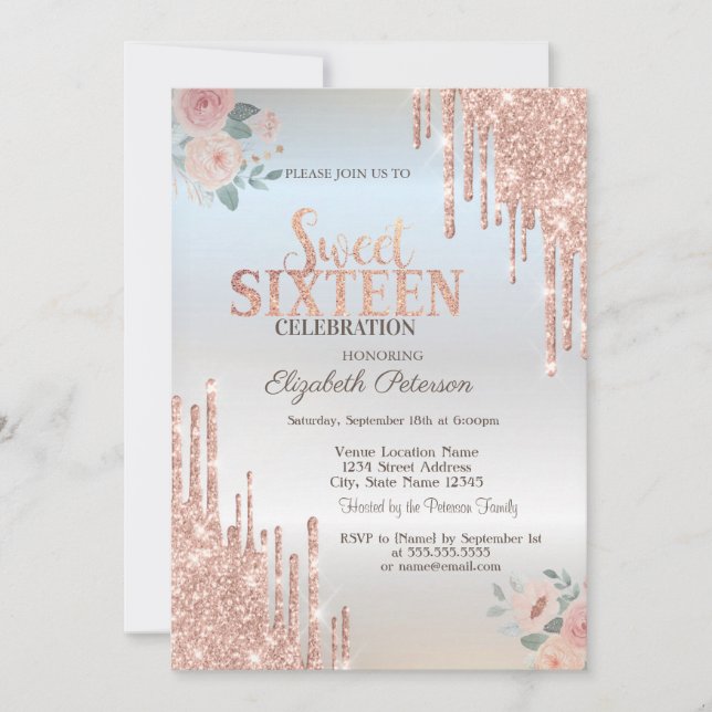 Rose Gold Glitter Drips Boho Rosor Silver Sweet 16 Inbjudningar (Framsida)