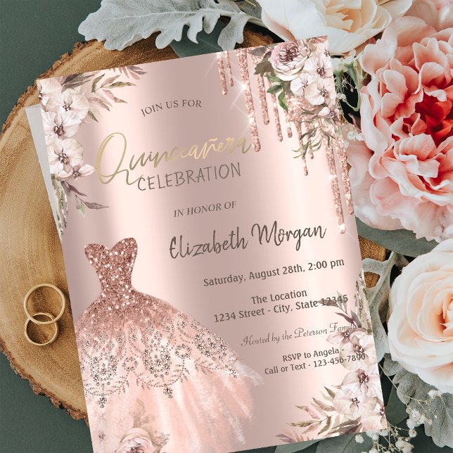 Rose Gold Glitter Drips Dress Flowers Quinceañera Inbjudningar (Skapare uppladdad)